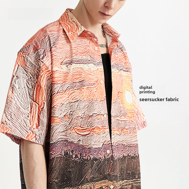 Sunset Seersucker Shirt 2024 Spring And Summer New Street Fashion Brand Loose Men's Short Sleeve Shirt